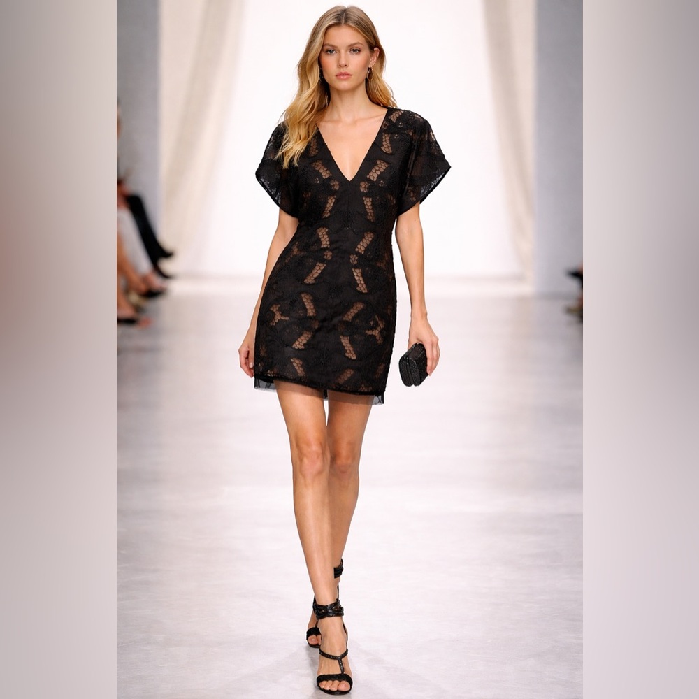 BCBGMAXAZRIA “Freja” Organza Lace Black Dress – Runway Collection
